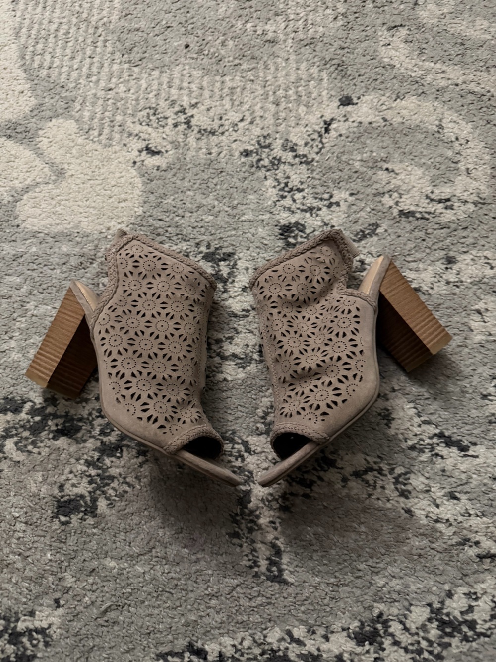 LC Lauren Conrad Taupe Laser-Cut Peep-Toe Block Heel Mules